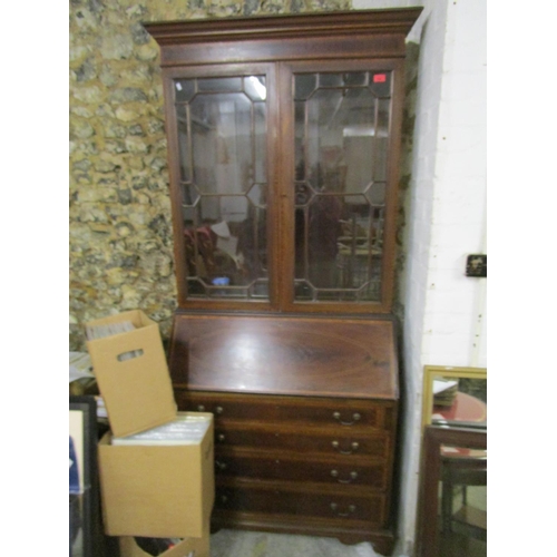 154 - An inlaid mahogany Edwardian bureau bookcase, stepped pediment over twin astragal glazed display doo... 