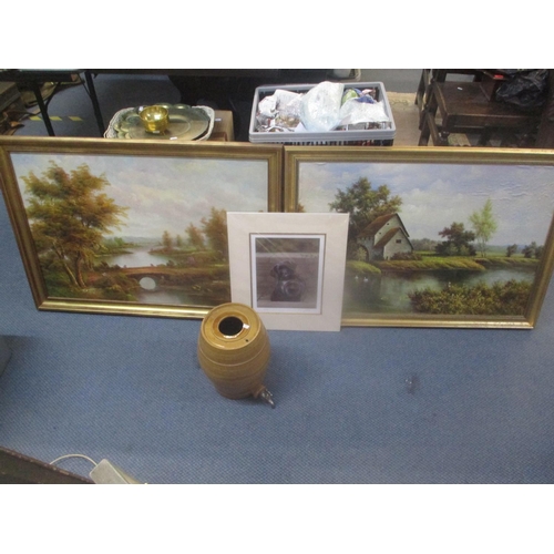 159 - Two late 20th century oil paintings, a print of a Labrador and a Powell Bristol brown glazed spirit ... 
