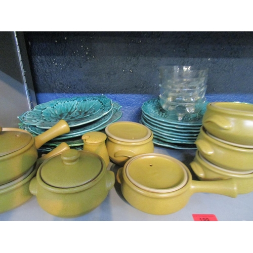 199 - A group of thirteen green leaf plates an dishes and Denby soup bowls and a cruet pot, four Victorian... 