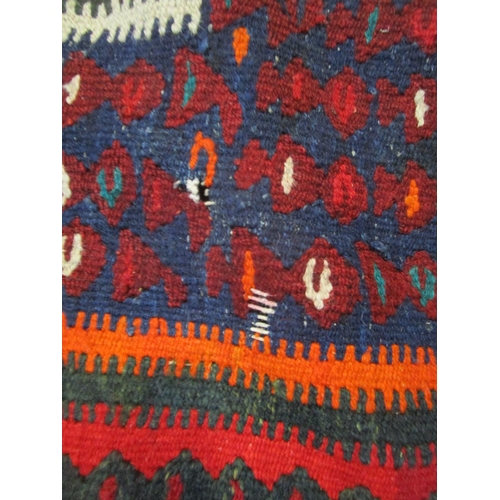 202 - An Iranian hand woven rug in red, blue, green, white and black colours with tasselled ends, 300 x150... 