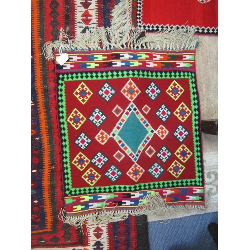 202 - An Iranian hand woven rug in red, blue, green, white and black colours with tasselled ends, 300 x150... 