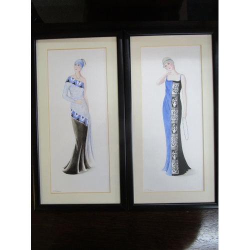 206 - Two fashion watercolours signed P Watmore and two framed and glazed print, one of the Cricketers at ... 