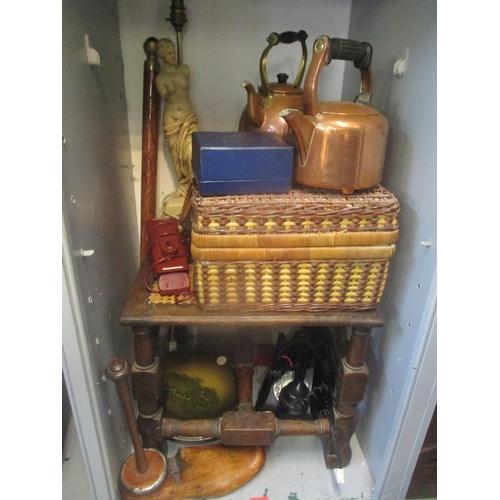 292 - A mixed lot to include a Queen Anne style oak stool, a Bakelite black telephone, copper kettles, a W... 