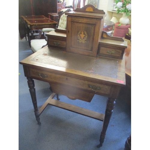 72 - An Edwardian walnut ladies writing table having string inlaid and single drawer above a sliding wool... 