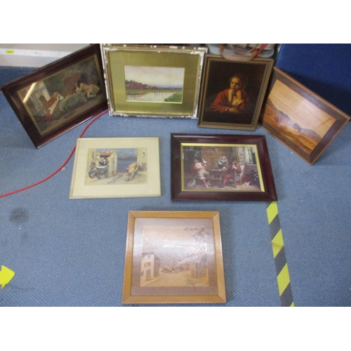 81 - A mixed lot to include mixed prints and marquetry pictures together with mid 20th century ceiling li... 