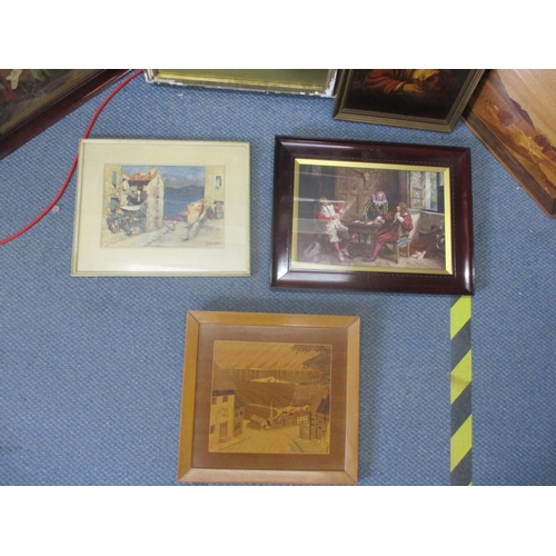 81 - A mixed lot to include mixed prints and marquetry pictures together with mid 20th century ceiling li... 