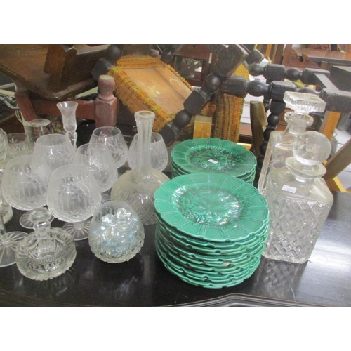 113 - A quality of cabbage ware plates together with mixed cut glassware to include Royal Brierley and oth... 