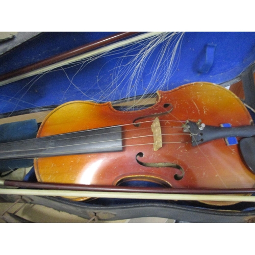 218 - The Metro Standard Violin with two bows and one hard case together with a cased snooker cue and a ca... 