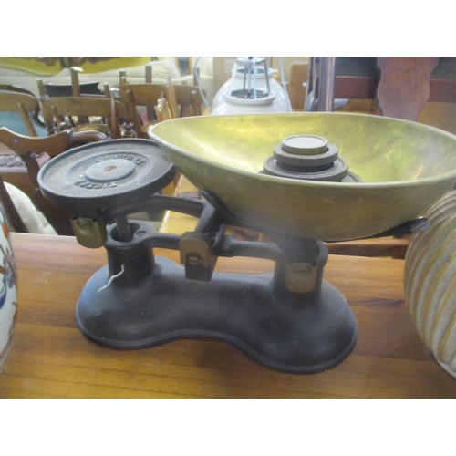 267 - A 1920s Japanese vase converted to a lamp, cast iron kitchen scales, and Danish pottery by Schollert... 