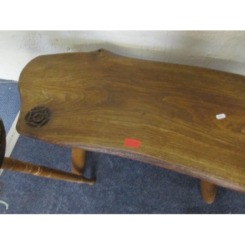 56 - A 20th century rustic elm stool with The Tudor Rose carved in one corner, together with a mid 20th c... 