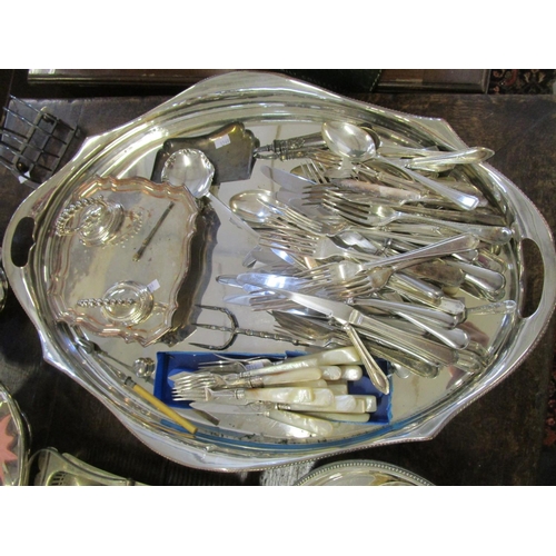 344 - A quantity of silver plate to include a large oval galleried tray, cased ivory and white metal salad... 