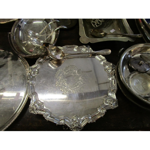 344 - A quantity of silver plate to include a large oval galleried tray, cased ivory and white metal salad... 