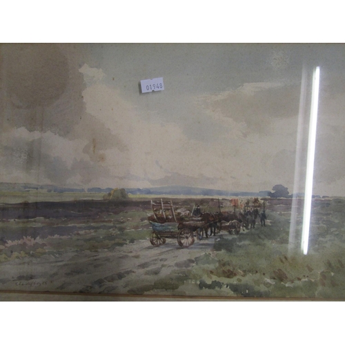 399 - Claude Hayes - extensive landscape with figures by a cart travelling along a country road, watercolo... 