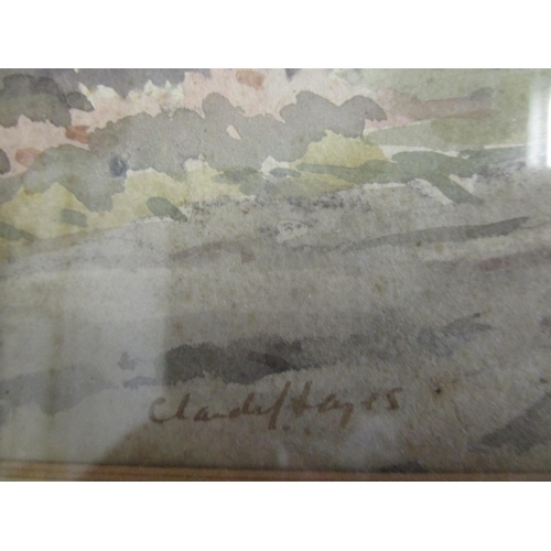 399 - Claude Hayes - extensive landscape with figures by a cart travelling along a country road, watercolo... 