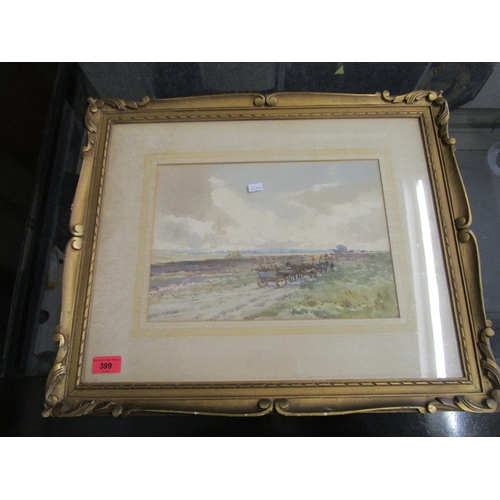 399 - Claude Hayes - extensive landscape with figures by a cart travelling along a country road, watercolo... 