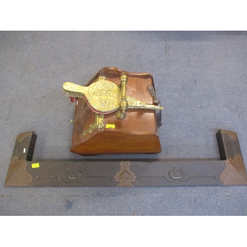 159 - An Art Nouveau copper fire surround, a Victorian walnut coal bucket, bellows and coal shovel togethe... 