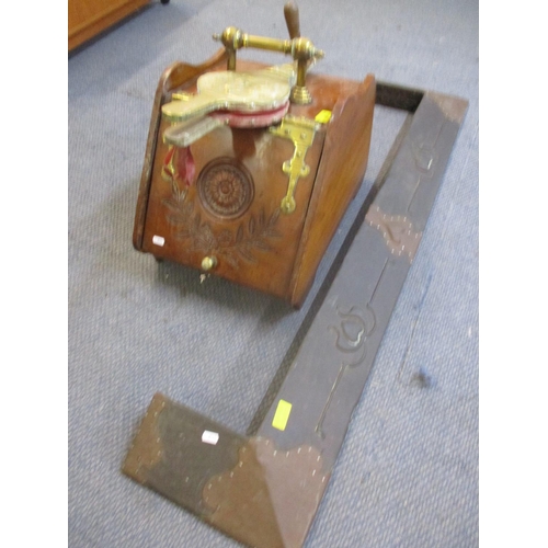 159 - An Art Nouveau copper fire surround, a Victorian walnut coal bucket, bellows and coal shovel togethe... 
