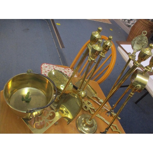 159 - An Art Nouveau copper fire surround, a Victorian walnut coal bucket, bellows and coal shovel togethe... 