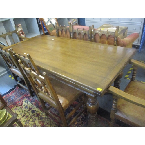 67 - A reproduction large oak refectory extending dining table on bulbous supports 76cm h x 197cm wand a ... 