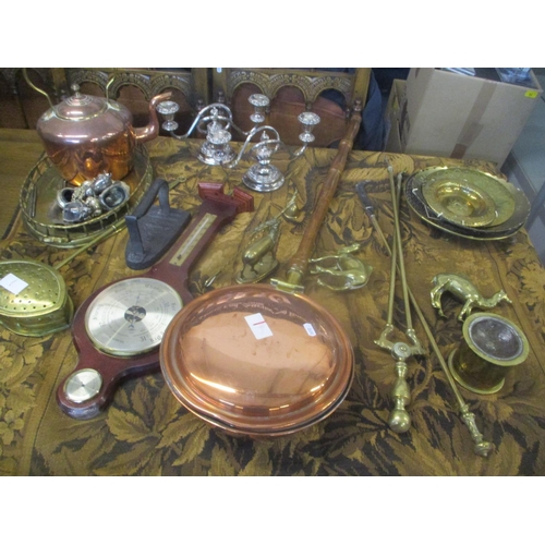 87 - A mixed lot to include a wall hanging tapestry, fireside implements, a Victorian copper kettle, a fo... 