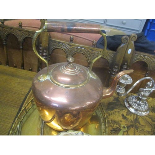 87 - A mixed lot to include a wall hanging tapestry, fireside implements, a Victorian copper kettle, a fo... 