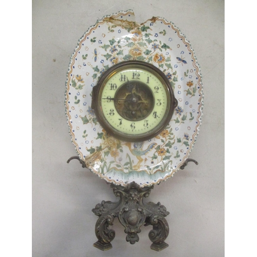 91 - A 19th century French faience pottery and metal mantle clock A/F