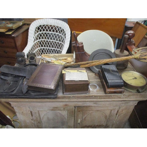 294 - A mixed lot of items to include bicycle lamps, leather cased folding camera, mixed cutlery, a pair o... 