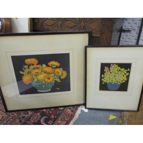 398 - John Hall Thorpe - Marigolds/vase of spring flowers - two woodcut prints, one signed and titled in p... 