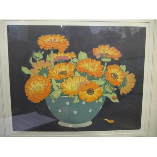 398 - John Hall Thorpe - Marigolds/vase of spring flowers - two woodcut prints, one signed and titled in p... 