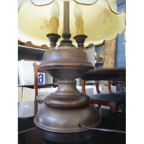 175 - A vintage brass and oak lamp with floral opaque shade 79cm h 
Location: C-R