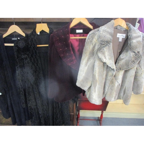 219 - A Joseph Ribkoff faux fur jacket uk size 167, an Ann Balon black cotton and sequined evening robe, s... 