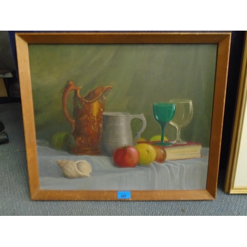 247 - Lindahl Brown - Still life study of a copper lustre jug, a pewter mug, a shell, fruit, drinking glas... 