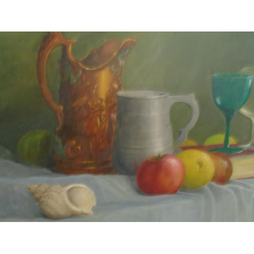 247 - Lindahl Brown - Still life study of a copper lustre jug, a pewter mug, a shell, fruit, drinking glas... 