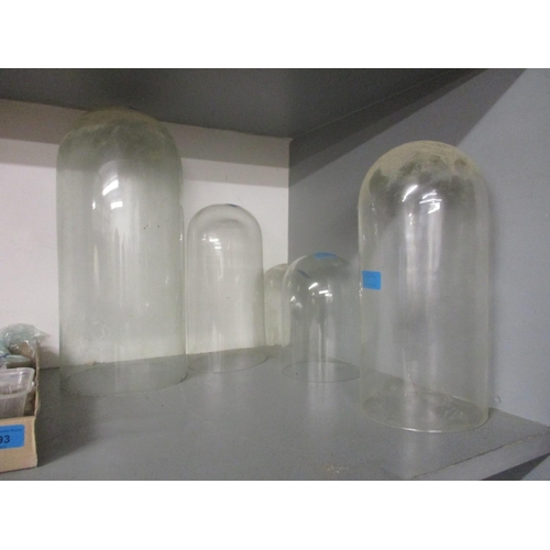 336 - Five vintage glass clock domes, 18cm high - 43cm high, minor chips to rim and one plastic example
Lo... 