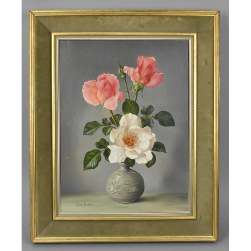 181 - James Noble (1919-1989) British
'Aureana and Innocence', still life painting of roses in a vase, sig... 