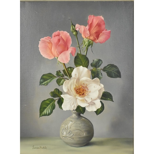 181 - James Noble (1919-1989) British
'Aureana and Innocence', still life painting of roses in a vase, sig... 