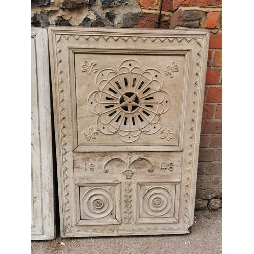 183 - A set of three Victorian carved and moulded doors, two with dates to the front, one 1848, the other ... 