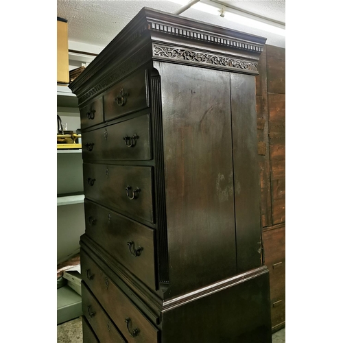 186 - A late Georgian mahogany chest on chest, with moulded dentil cornice above a carved fretwork frieze,... 