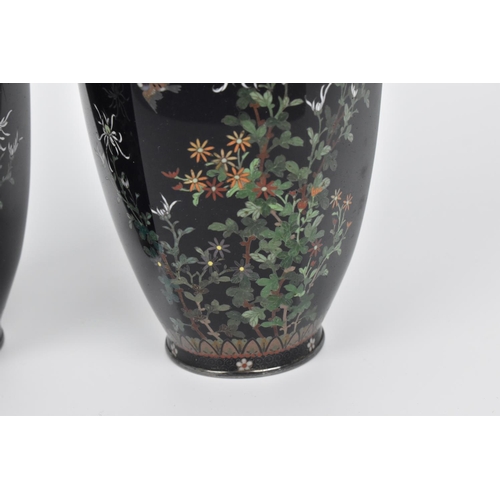 20 - A pair of Japanese silver mounted cloisonne vases, late Meiji/early Taisho period, of hexagonal shap... 