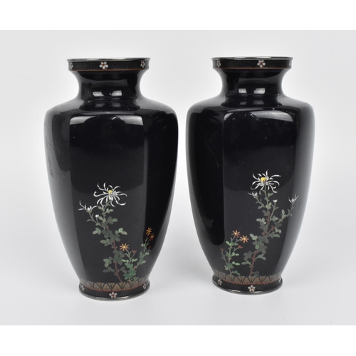 20 - A pair of Japanese silver mounted cloisonne vases, late Meiji/early Taisho period, of hexagonal shap... 