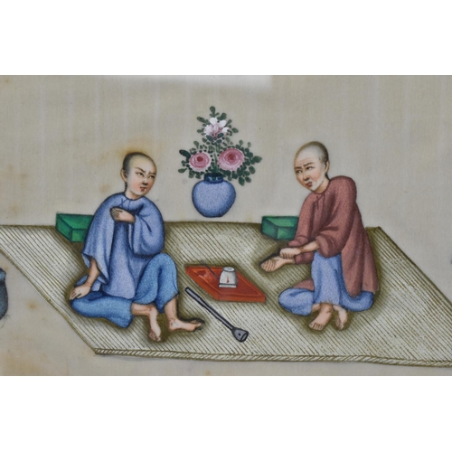 50 - Two Chinese late Qing dynasty rice paper paintings, both depicting men at leisure, drinking tea and ... 