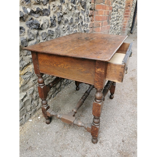 187 - A William and Mary style oak side table, of rectangular form with single drawer and acorn drop twin ... 