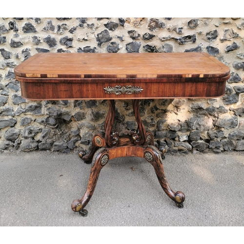 178 - A Regency faux rosewood and ormolu mounted card table, with fold over top (needs fixing) inlaid with... 