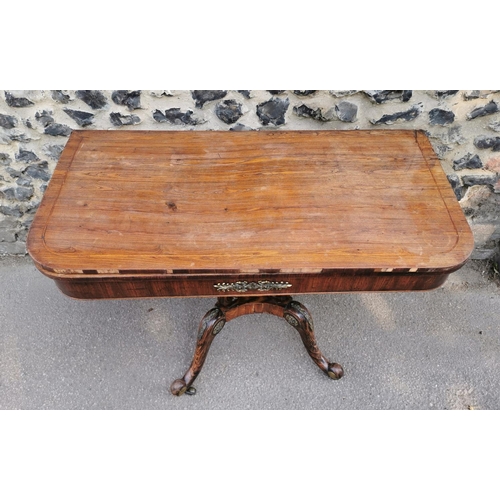 178 - A Regency faux rosewood and ormolu mounted card table, with fold over top (needs fixing) inlaid with... 