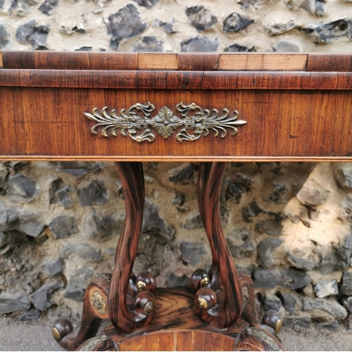 178 - A Regency faux rosewood and ormolu mounted card table, with fold over top (needs fixing) inlaid with... 