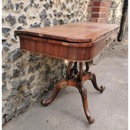 178 - A Regency faux rosewood and ormolu mounted card table, with fold over top (needs fixing) inlaid with... 