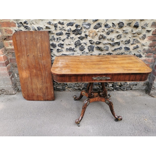 178 - A Regency faux rosewood and ormolu mounted card table, with fold over top (needs fixing) inlaid with... 