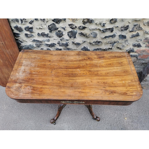 178 - A Regency faux rosewood and ormolu mounted card table, with fold over top (needs fixing) inlaid with... 