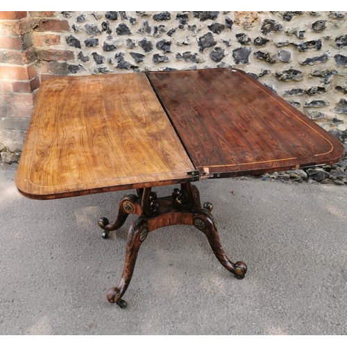 178 - A Regency faux rosewood and ormolu mounted card table, with fold over top (needs fixing) inlaid with... 