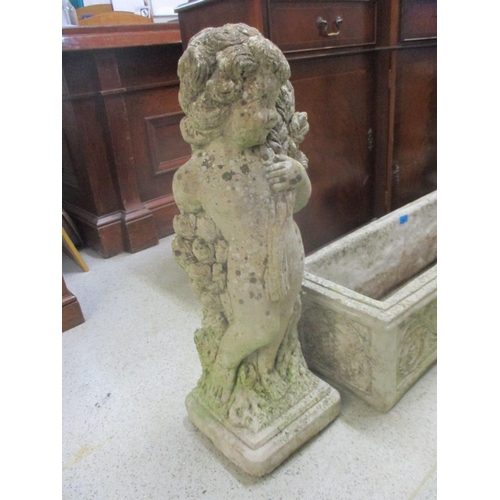 92 - A composition stone garden cherub figurine carrying wheat sheaves, another composition stone garden ... 